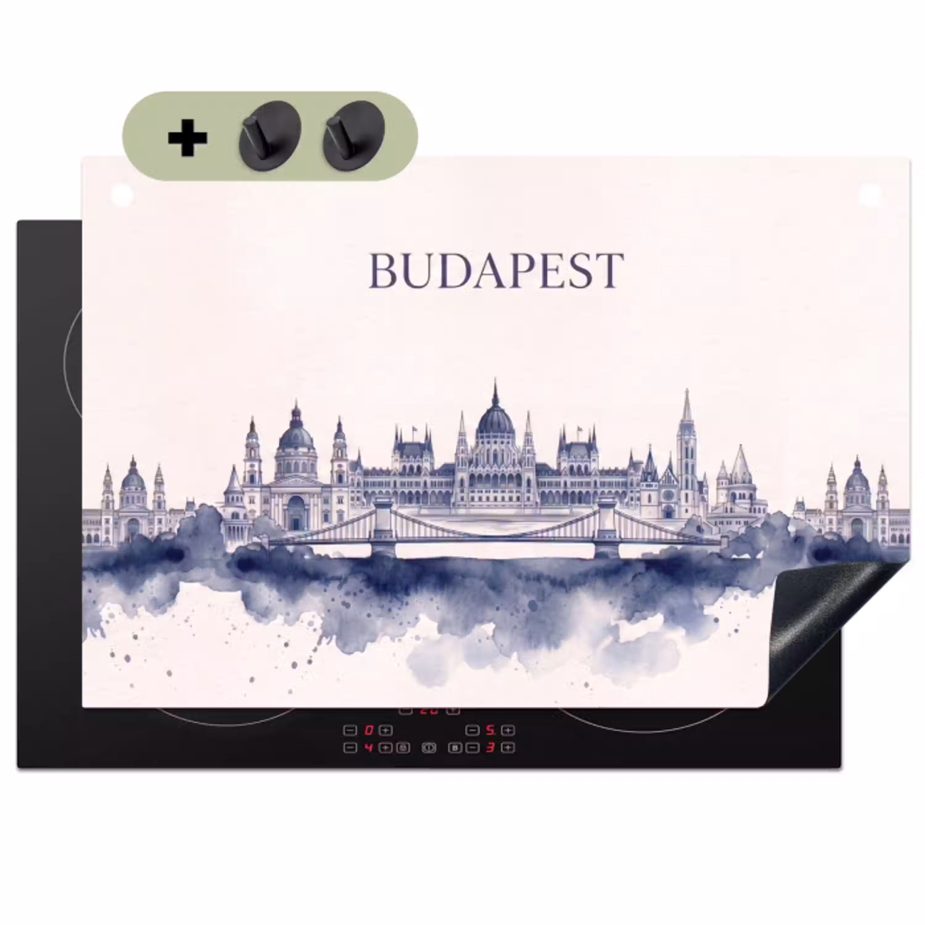 Boedapest - Skyline - Architectuur - Aquarel - Blauw Inductie beschemer met haakjes klein -3d