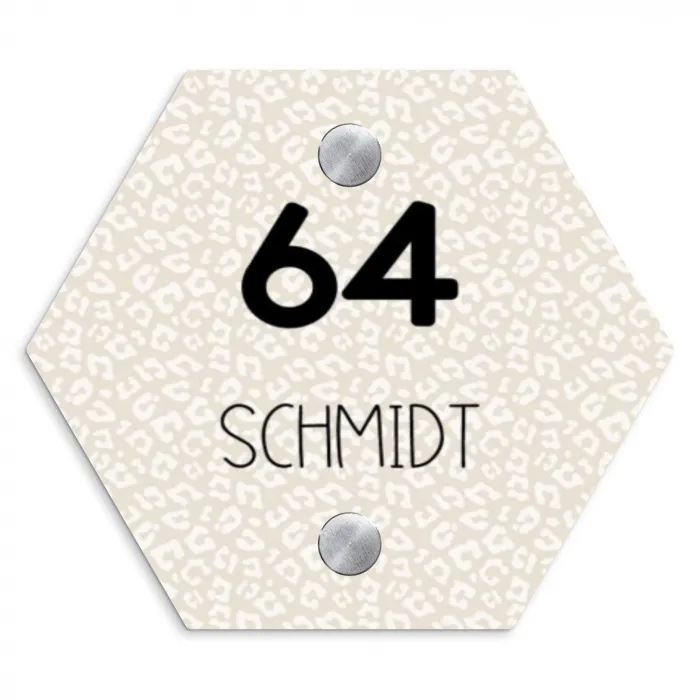 Beige panterprint - Modern Naambord Hexagon klein -3d