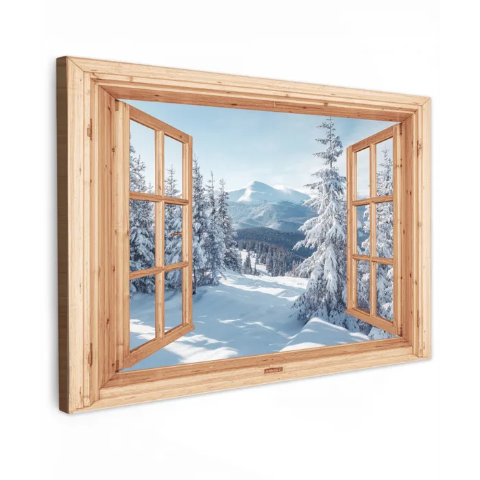 Doorkijk - Winterlandschap - Natuur - Berg - Bomen - Hout Tuinposter op houten frame 2 cm dik klein -3d