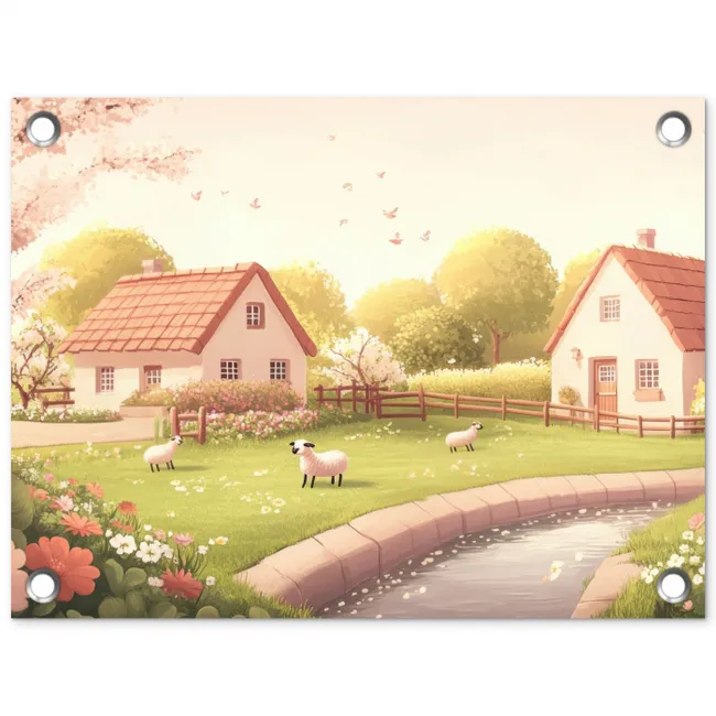 Schapen - Huisje - Platteland tuinposter los doek klein -3d