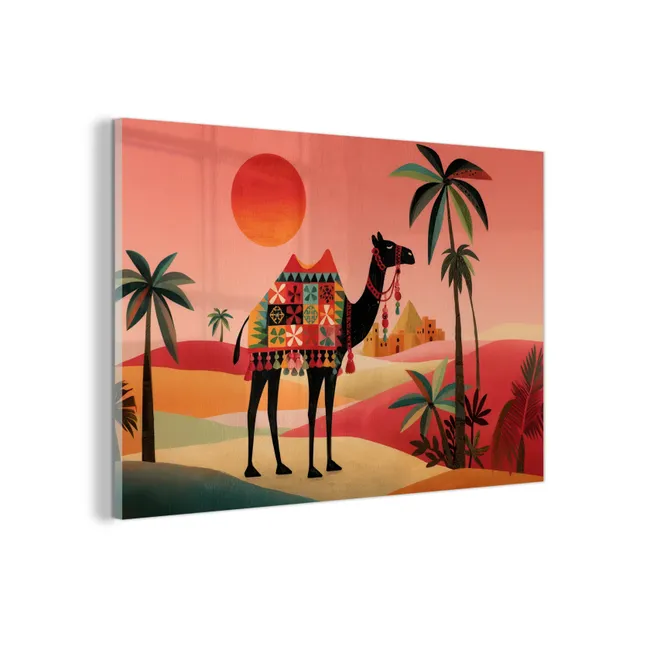 Glas schilderij - Kameel - Gekleurd tapijt - Duinen - Rode zon