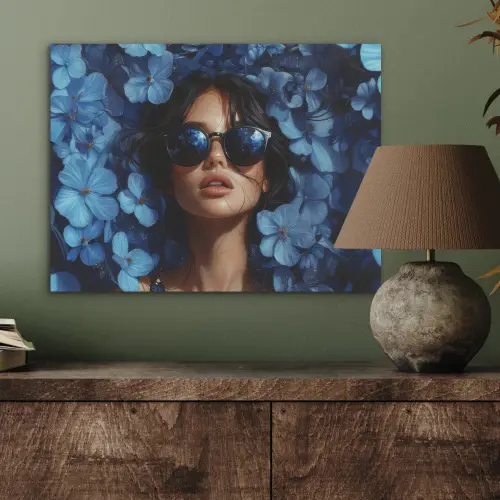 Vrouw - Blauw - Bloemen - Vlinders - Natuur PET vilt klein -sfeer2
