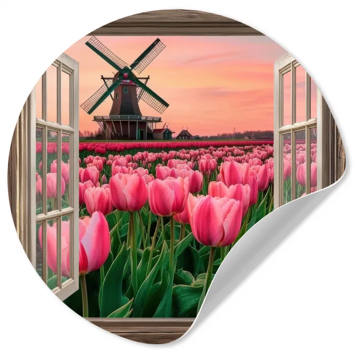 Doorkijk - Tulpen - Bloemen - Molen - Raam Wandcirkel behangsticker klein -3d