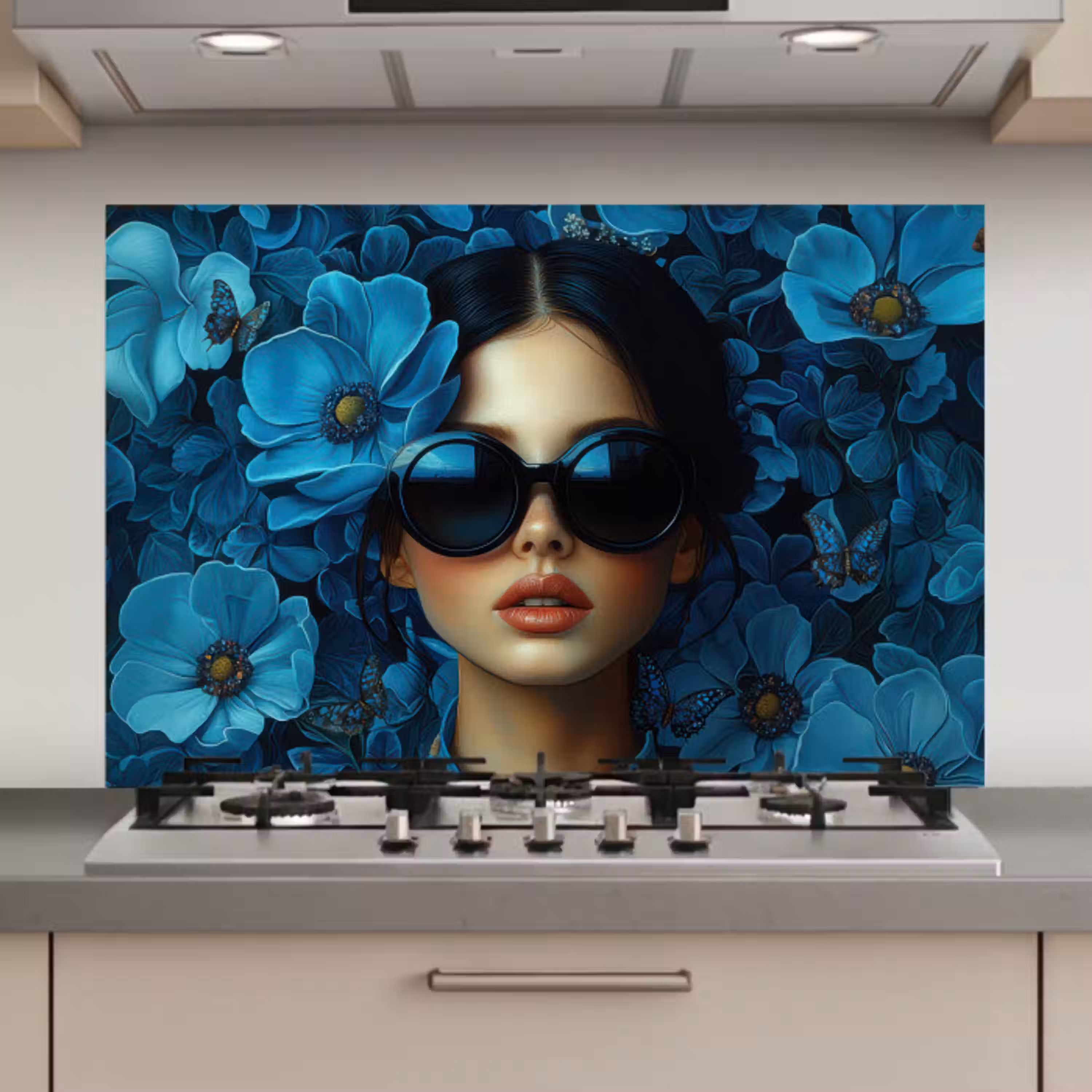 Vrouw - Bloemen - Blauw - Aesthetic - Luxe keuken achterwand spatscherm klein -3d_website