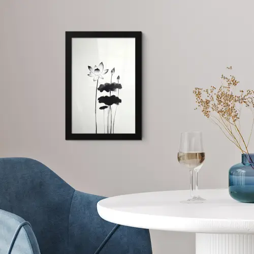 Bladeren - Zwart - Lotusbloem - Minimalitisch fotolijst zwart zonder passe partout klein -sfeer4