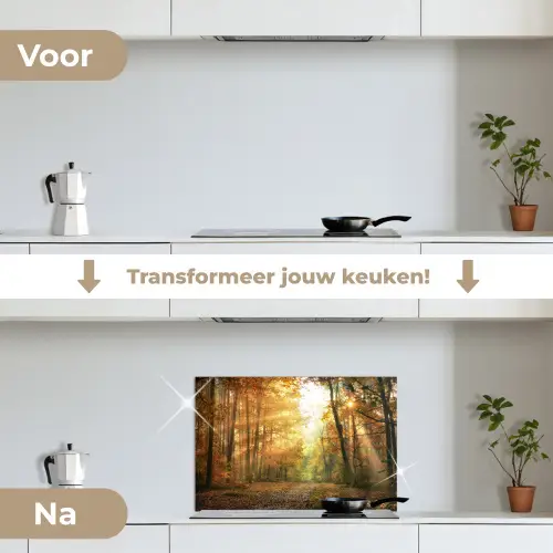 Bos - Herfst - Zon - Landschap - Natuur - Bomen - Bladeren keuken achterwand spatscherm klein -voor_na_NL