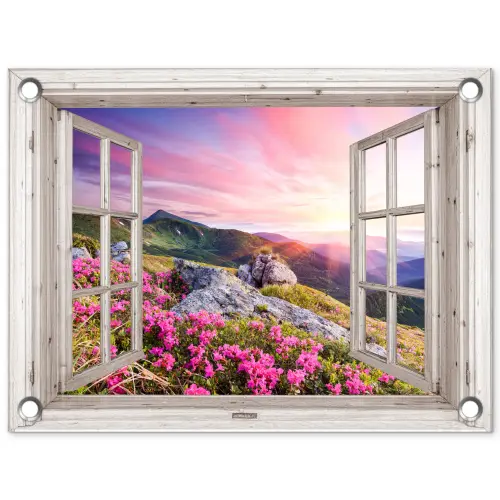 Bergen - Landschap - Doorkijk - Bloemen - Avond - Roze tuinposter los doek klein -3d