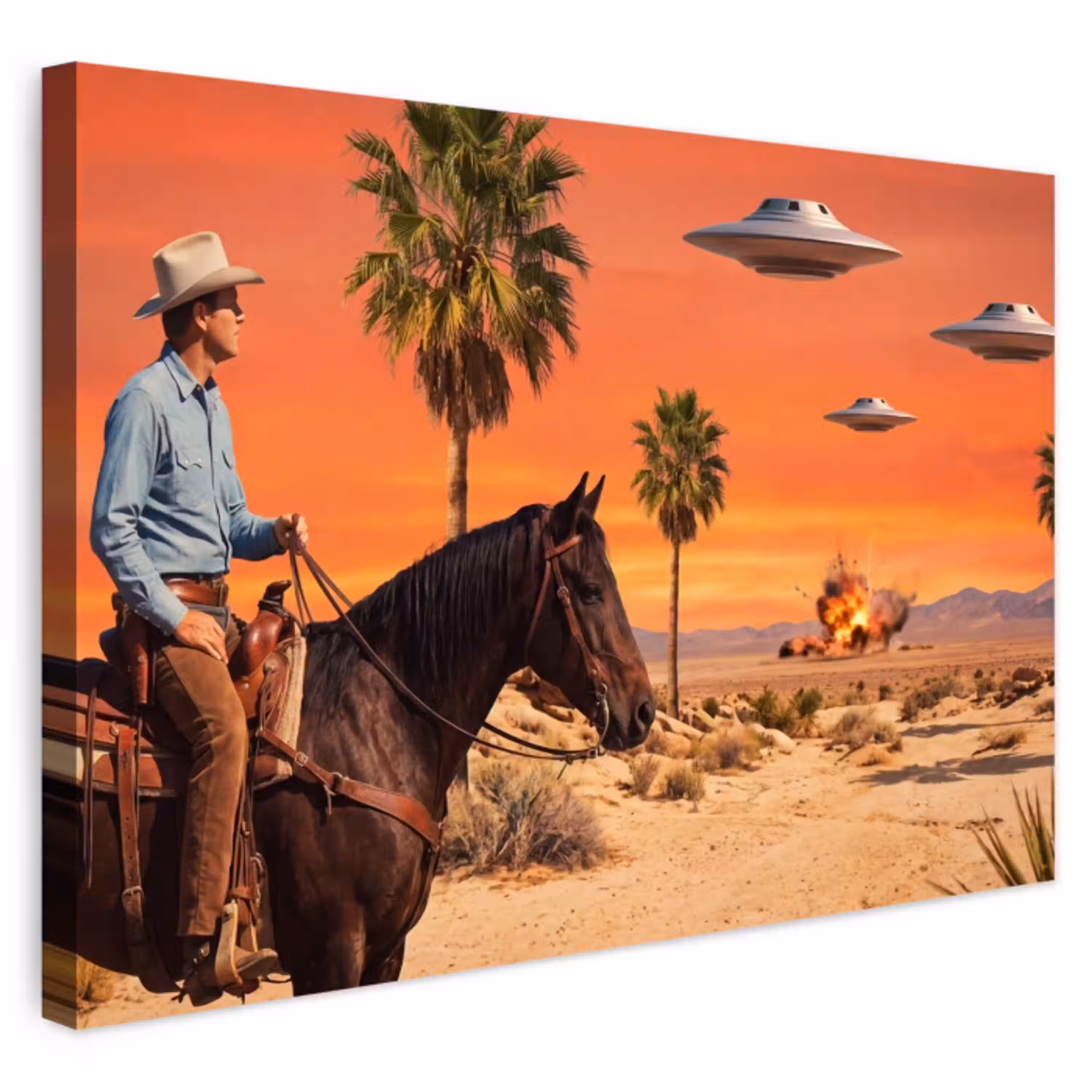 Cowboy - Paard - Woestijn Tuinposter op houten frame 2 cm dik klein -3d