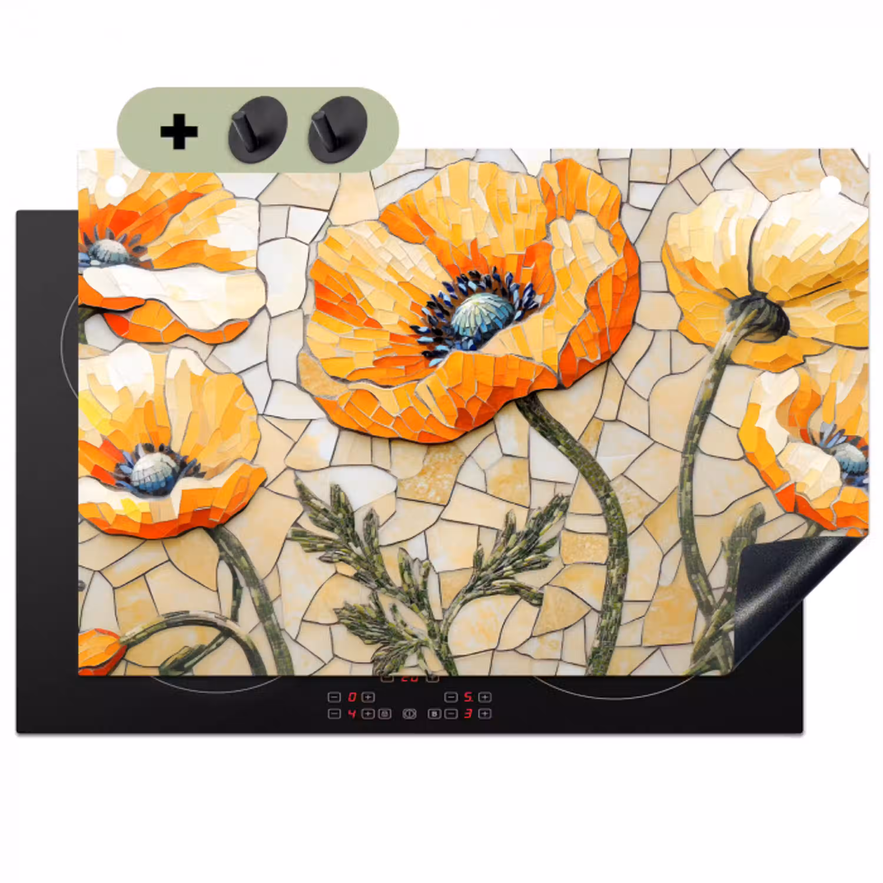 Klaprozen - Oranje - Mozaïek - Bladeren Inductie beschemer met haakjes klein -3d