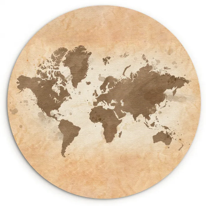 Wereldkaart - Beige - Bruin Wandcirkel kunststof plaat 5mm dik klein -3d