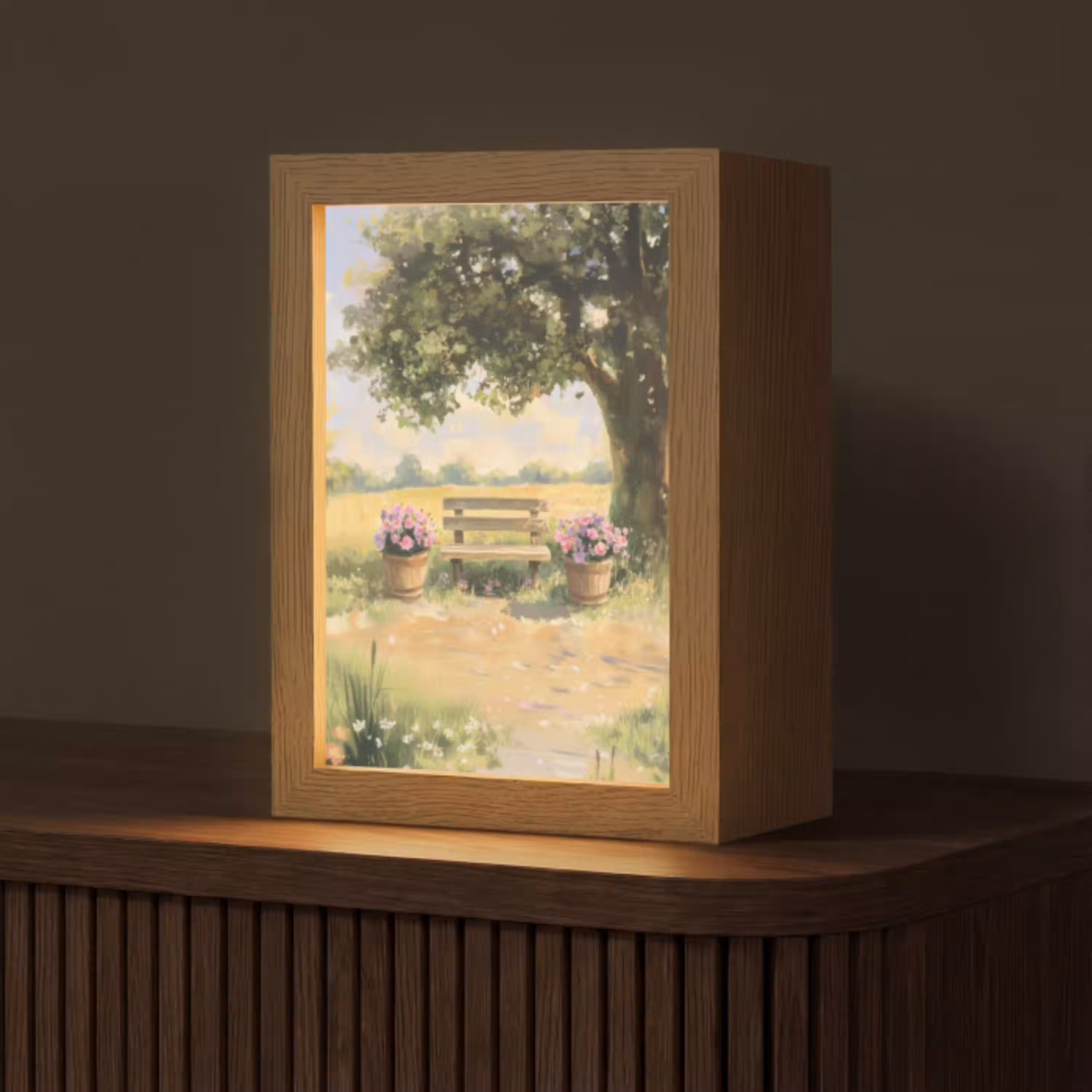 Houten bankje - Bloempotten - Landschap Light Box met kabel (Tafellamp) klein -z3d_website