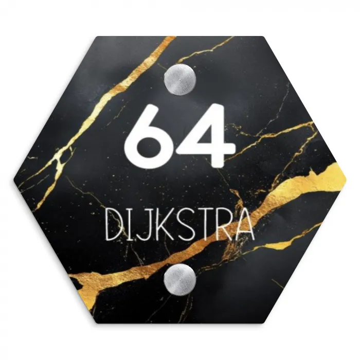 Goud zwart marmer - Modern Naambord Hexagon klein -3d