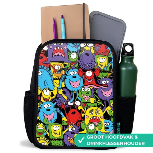 Monsters met Felle Kleuren Rugzak - Zwart middel -inhoud_NL