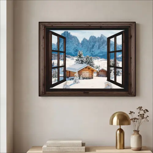 Doorkijk - Winter - Landschap - Huisje - Bergen Textielframe zwart klein -sfeer2