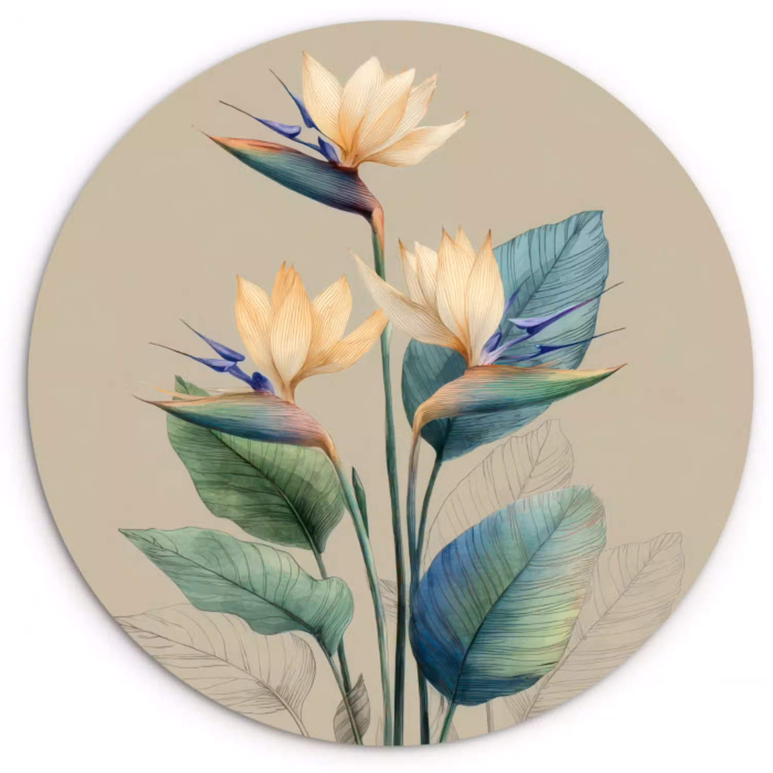 Paradijsvogelbloemen - Blauwgroene bladeren - Beige Wandcirkel kunststof plaat 5mm dik klein -3d