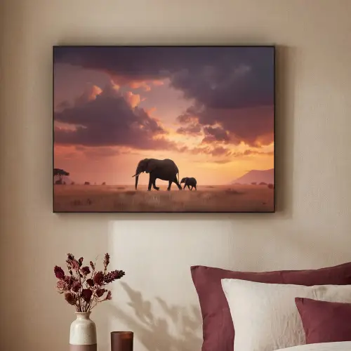 Olifanten - Grasland - Zonsondergang Textielframe zwart klein -sfeer1