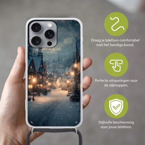 Winterdorp - Sneeuw - Donker Hoesje iPhone 16 Pro Max met koord klein -sfeer2_NL