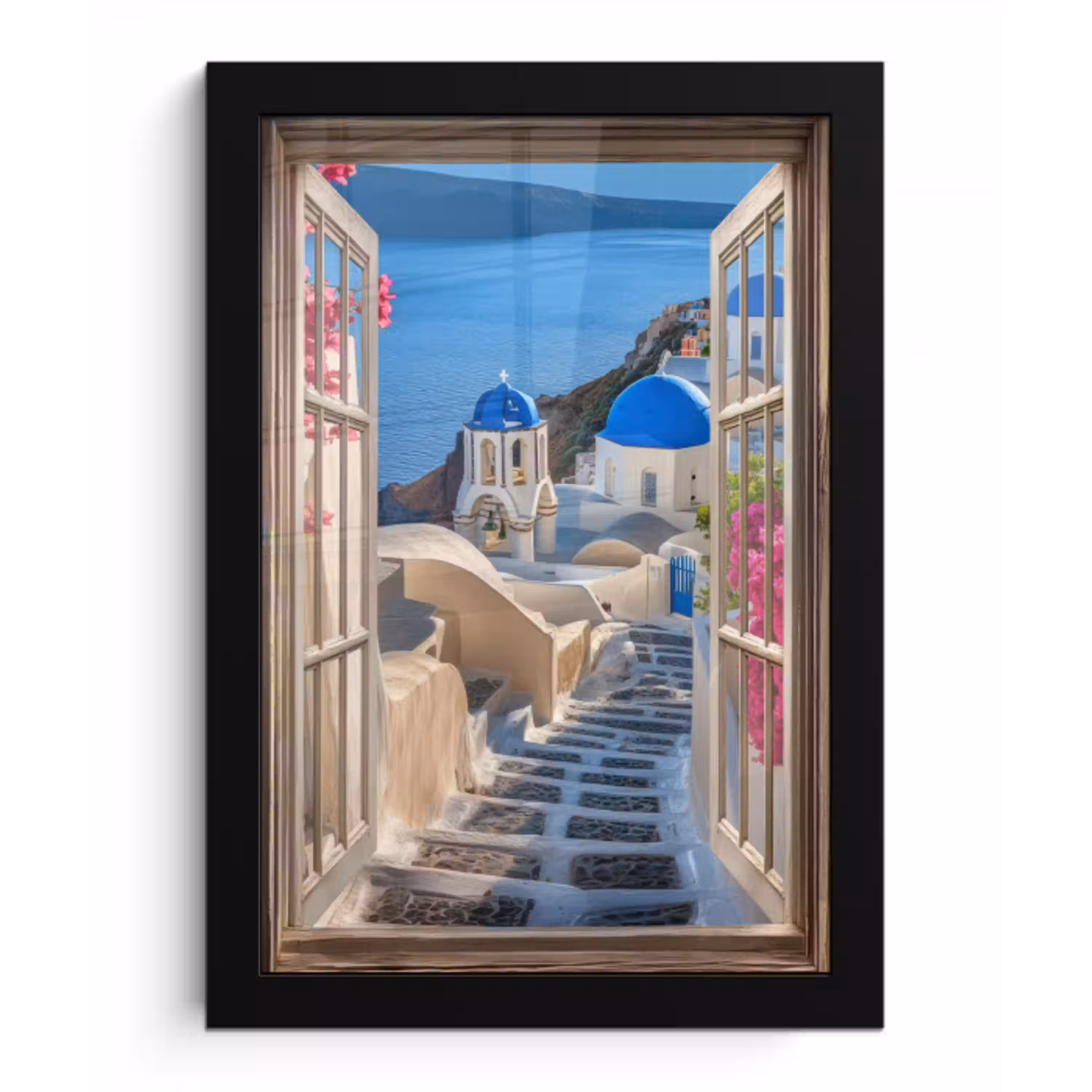 Doorkijk - Santorini - Landschap - Blauw - Grieks fotolijst zwart zonder passe partout klein -3d