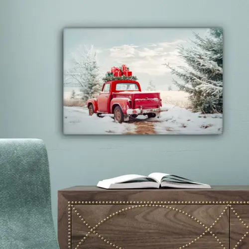 Auto - Rood - Cadeaus - Winter - Sneeuw - Kerst canvas 2cm klein -sfeer4