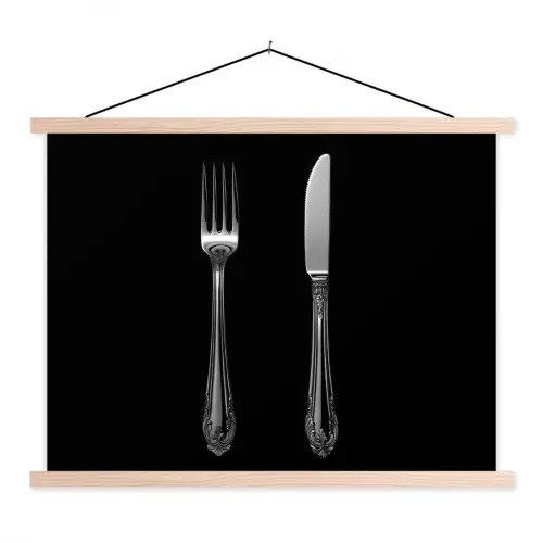 Vork - Mes - Zilver textielposter latten blank klein -3d