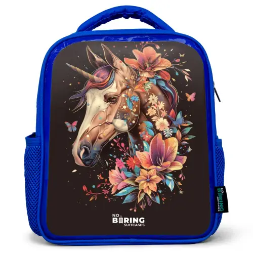Eenhoorn en Bloemen op Zwarte Achtergrond Kinderrugzak - Blauw middel -3d