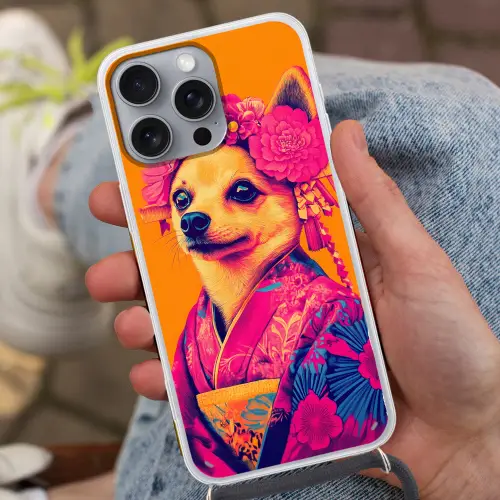 Kimono - Hondje - Bloemenkroon - Oranje Hoesje iPhone 16 Pro Max met koord klein -sfeer3