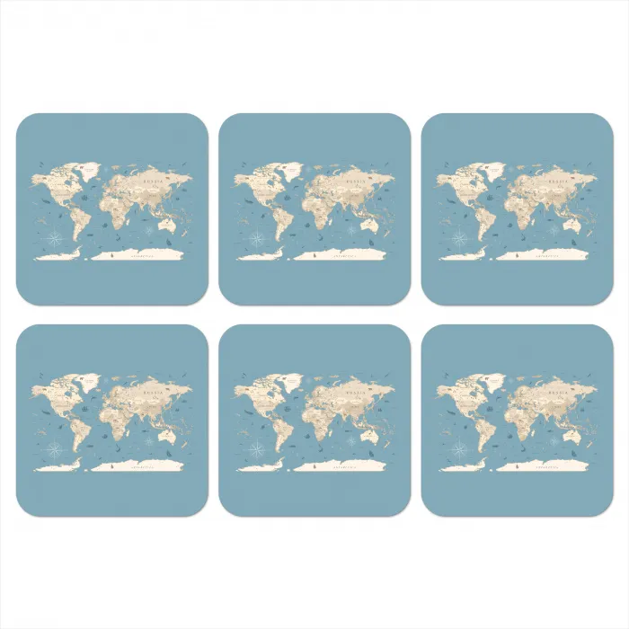 Wereldkaart - Oceaan - Realistisch - Blauw onderzetter kurk middel -3d