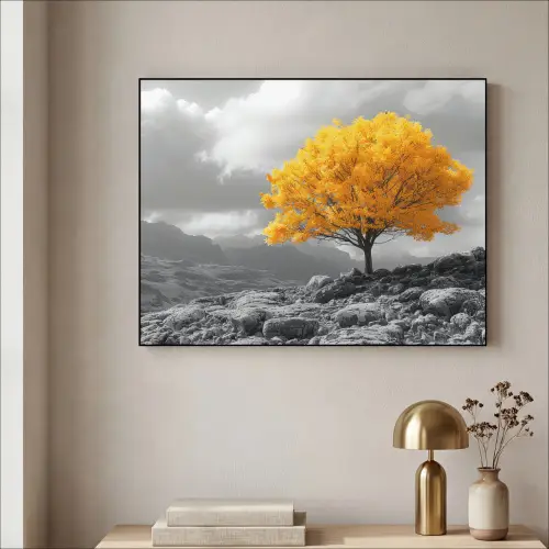 Boom - Geel - Natuur - Zwart wit Textielframe zwart klein -sfeer2