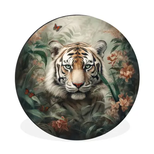 Tijger - Vlinders - Dieren - Jungle - Bloemen Wandcirkel aluminium klein -3d