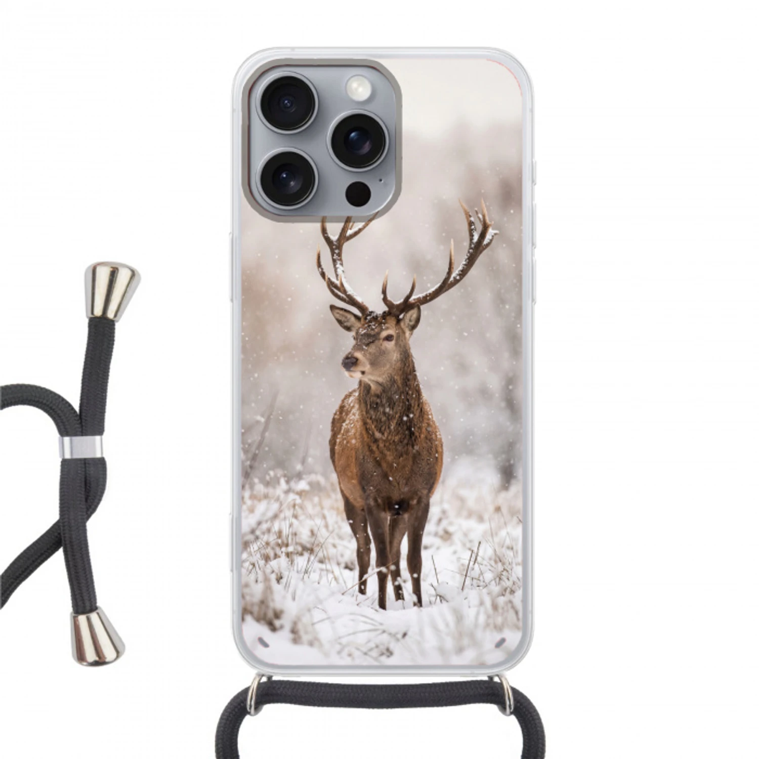 Edelhert - Bos - Sneeuw - Winter - Majestueus Hoesje iPhone 16 Pro Max met koord klein -3d
