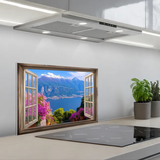 Doorkijk - Berg - Landschap - Uitzicht - Meer keuken achterwand spatscherm klein -3d_schuin