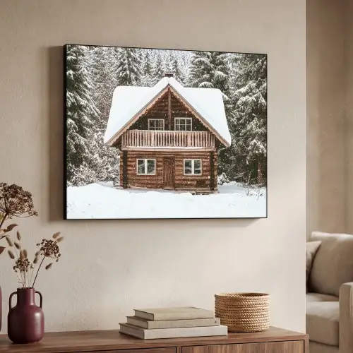 Huis - Bos - Winter - Natuur - Sneeuw Textielframe zwart klein -sfeer3