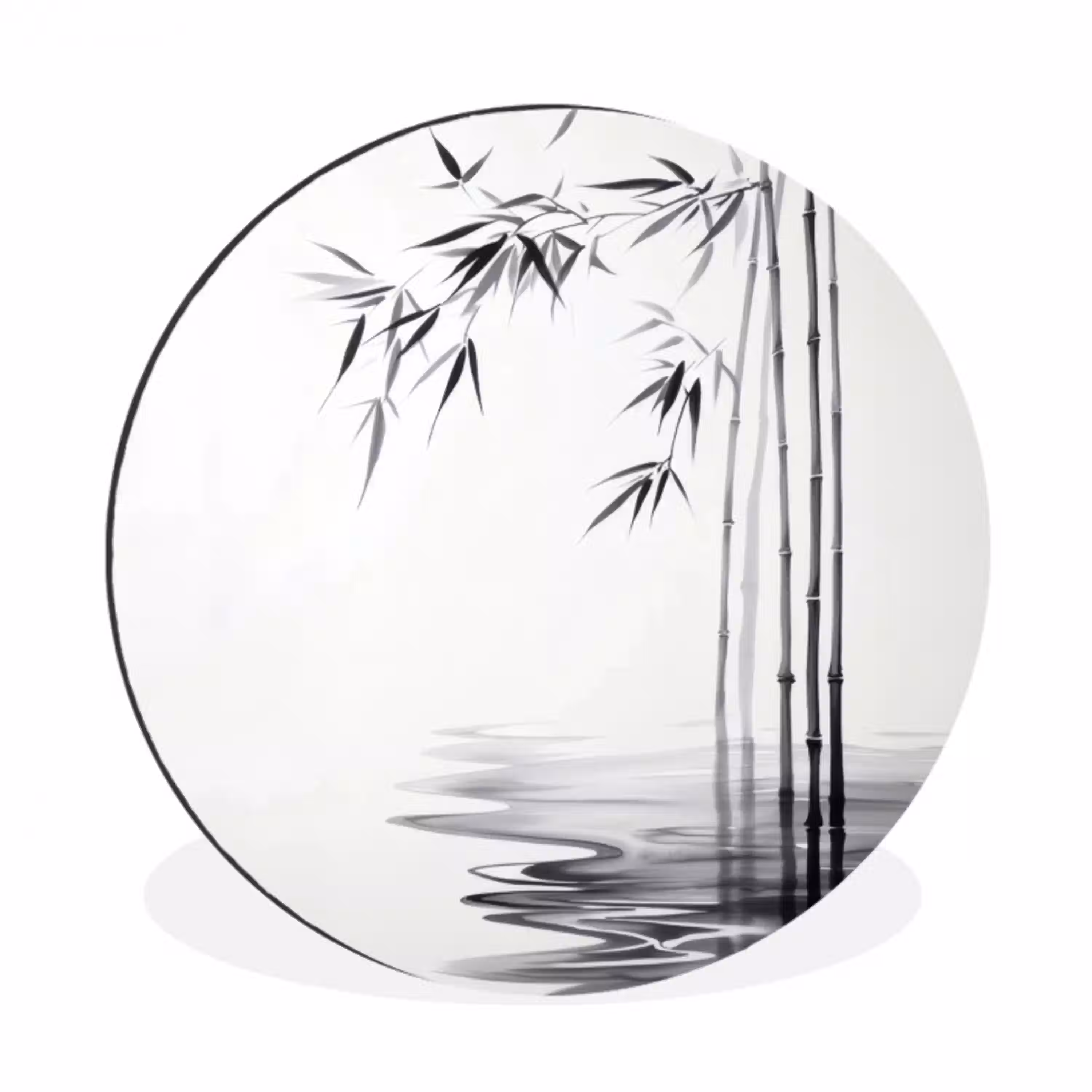 Bamboestammen - Water - Minimalistisch - Wit Wandcirkel aluminium klein -3d