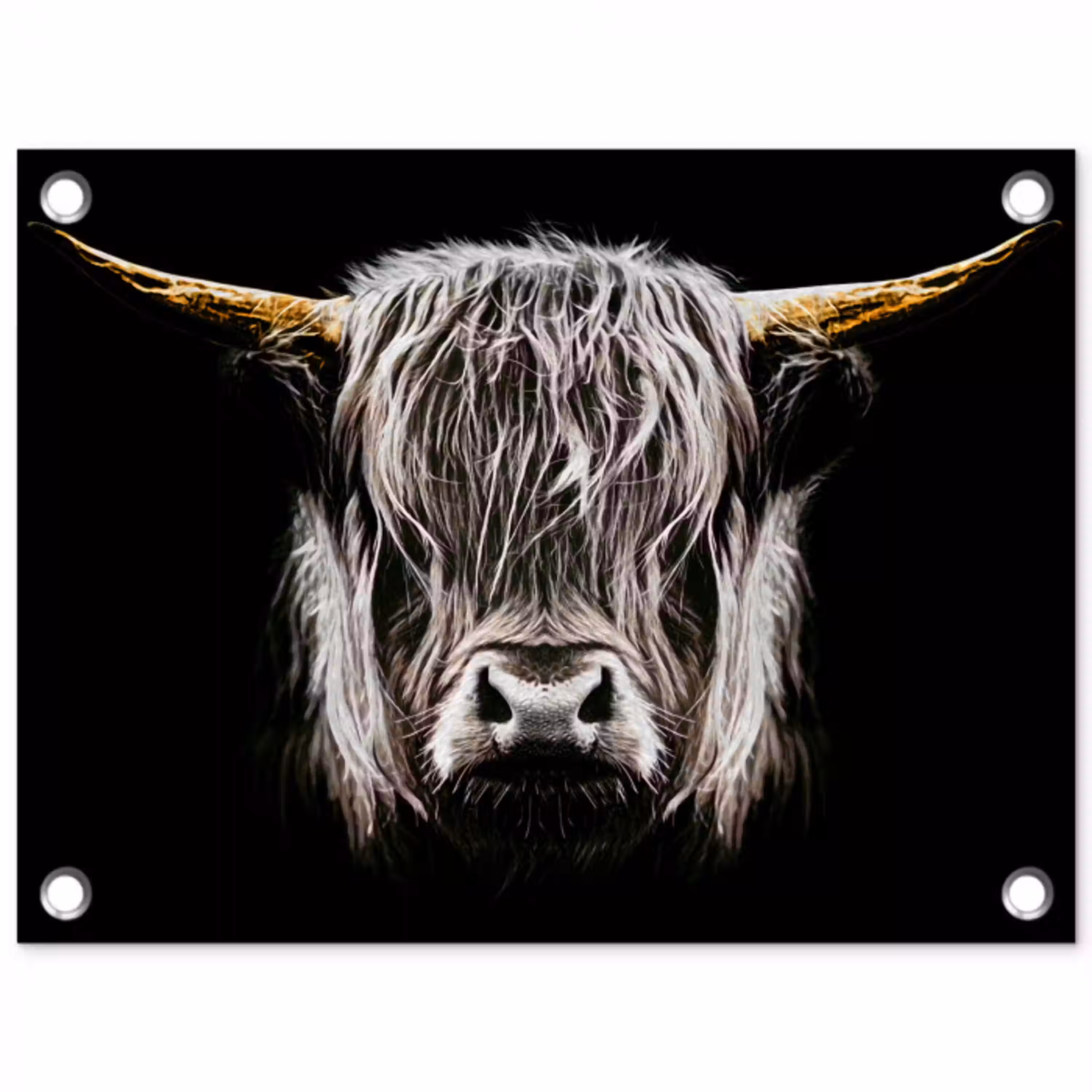 Schotse hooglander - Goud - Hoorns - Zwart wit - Koe - Dieren tuinposter los doek klein -3d