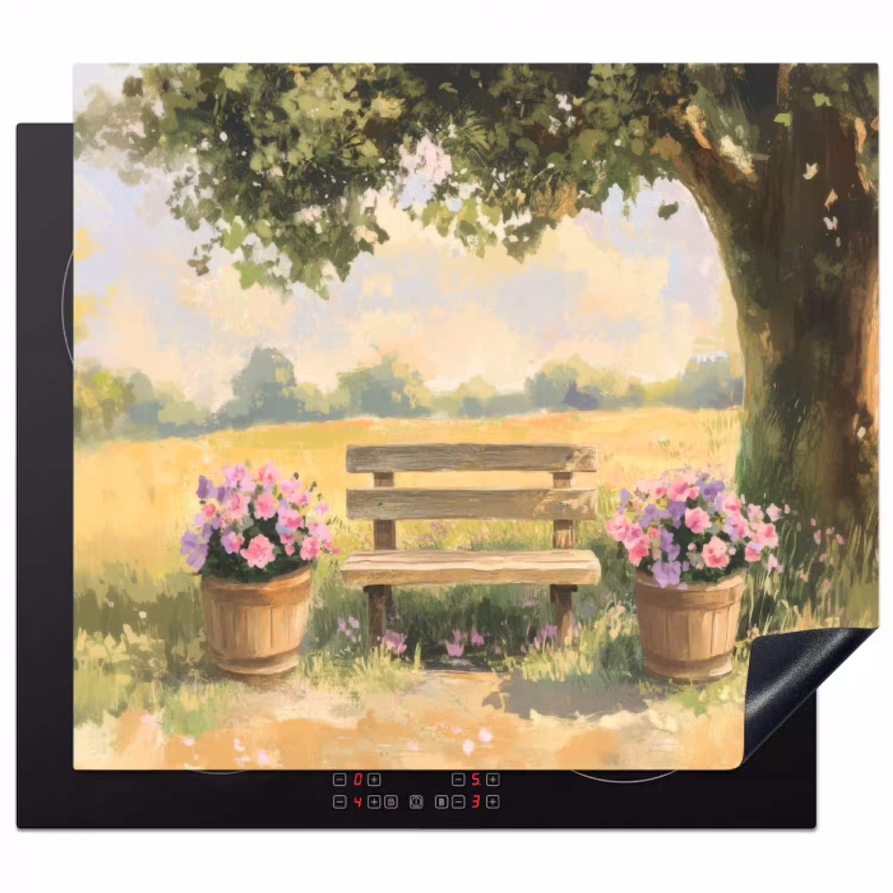 Houten bankje - Bloempotten - Landschap Inductie beschermer vinyl 3mm middel -3d