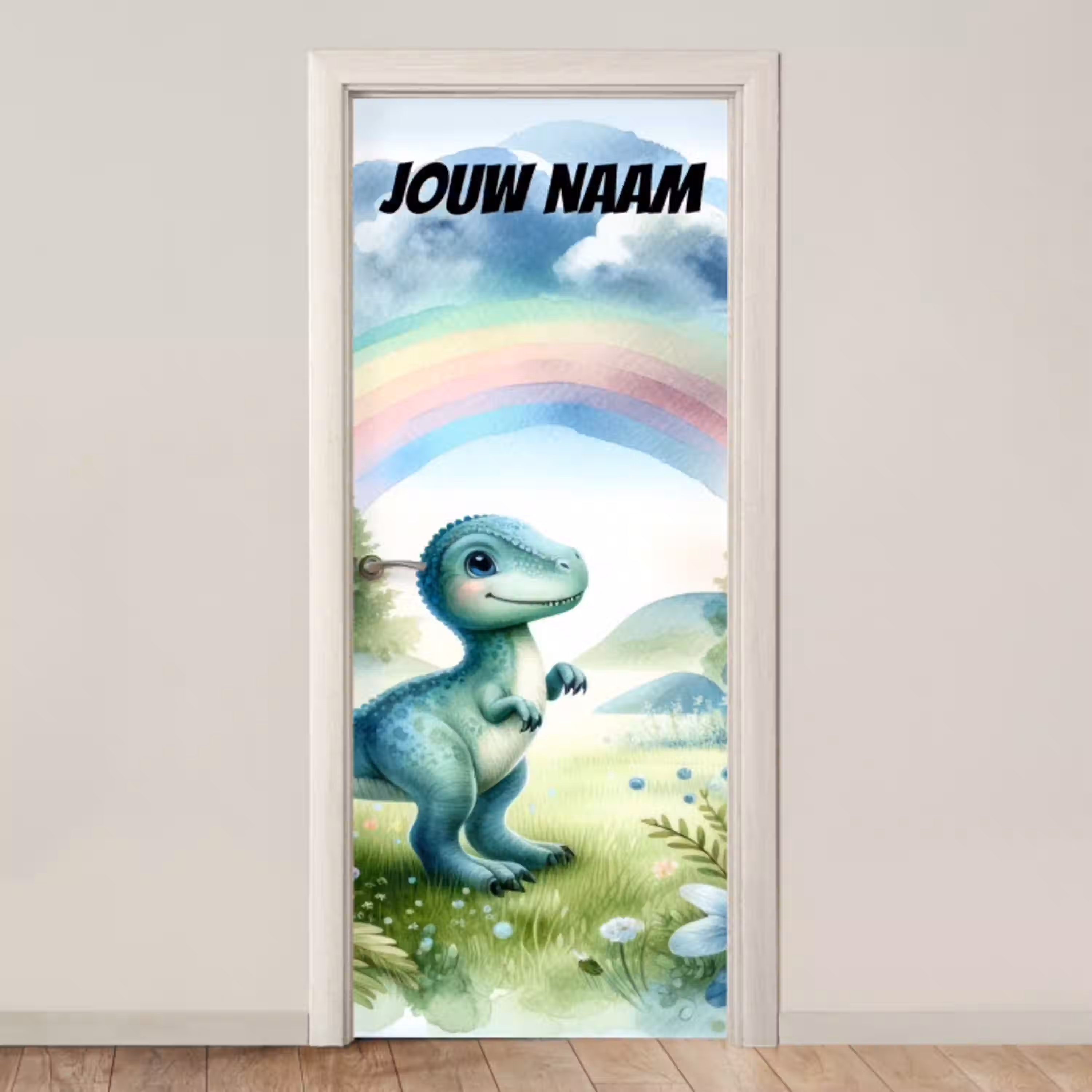Schattige dinosaurus in een veld met regenboog en de tekst “Deze kamer is van: jouw naam”. deurposter klein -3d_beige