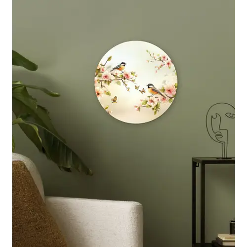 Takken - Bloemen - Vogeltjes - Roze Wandcirkel kunststof plaat 5mm dik klein -sfeer3