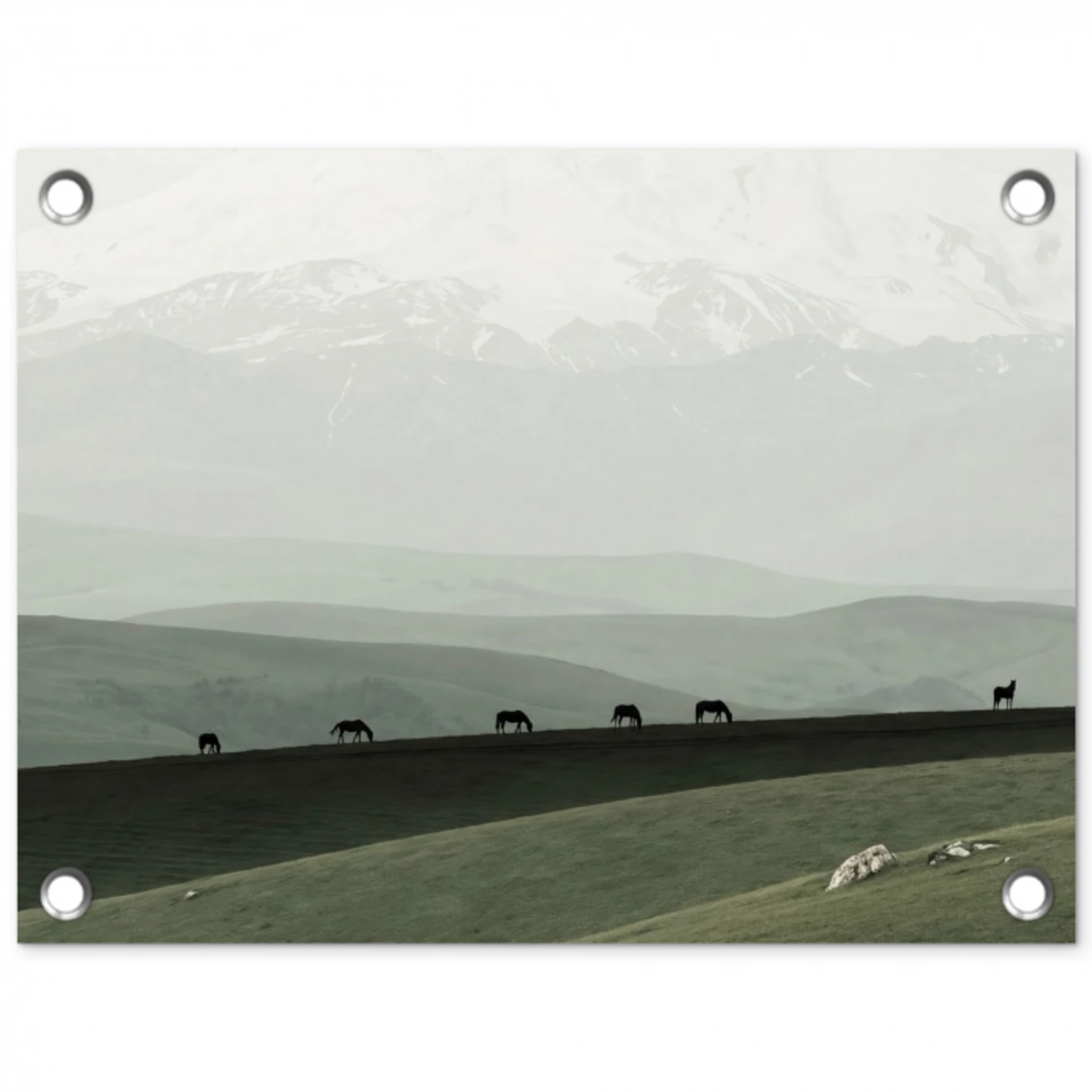 Grijs - Berg - Paarden tuinposter los doek klein -3d