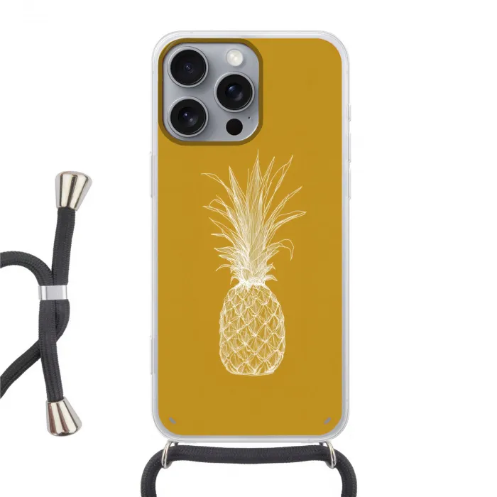 Lijnillustratie - Ananas - Bladkroon - Okergeel Hoesje iPhone 16 Pro Max met koord klein -3d