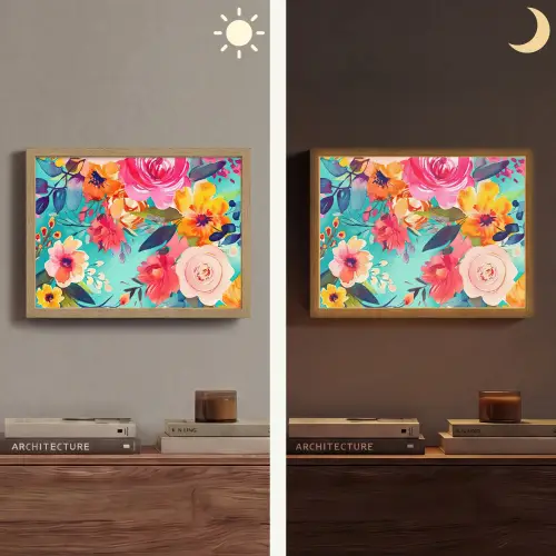 Bloemen - Olieverf - Kleurrijk - Natuur Light Box met batterij (Wandlamp) middel -sfeer3