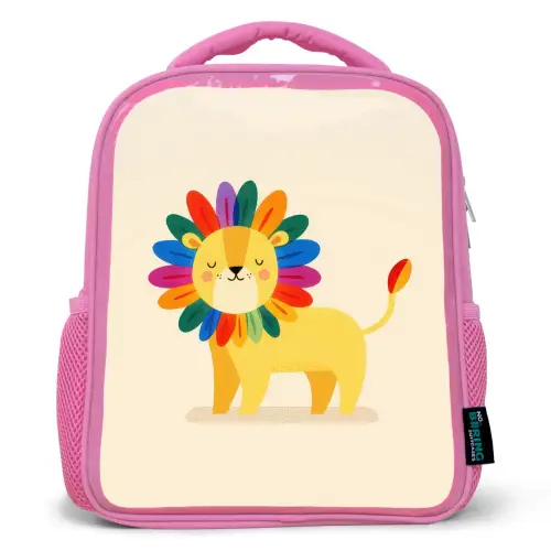 Leeuw - Kleurrijke manen - Beige Kinderrugzak - Roze middel -3d