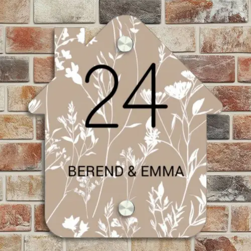 Beiges Blumenmuster - Klassisch Naambord Huisje klein -sfeer6
