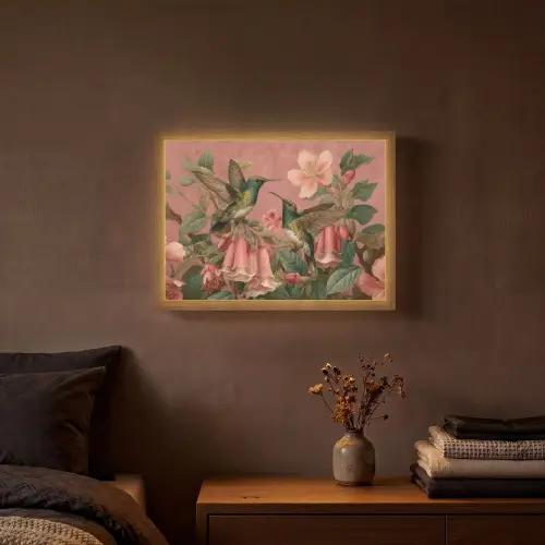 Kolibries - Bloemen - Groen - Roze Light Box met batterij (Wandlamp) middel -sfeer4