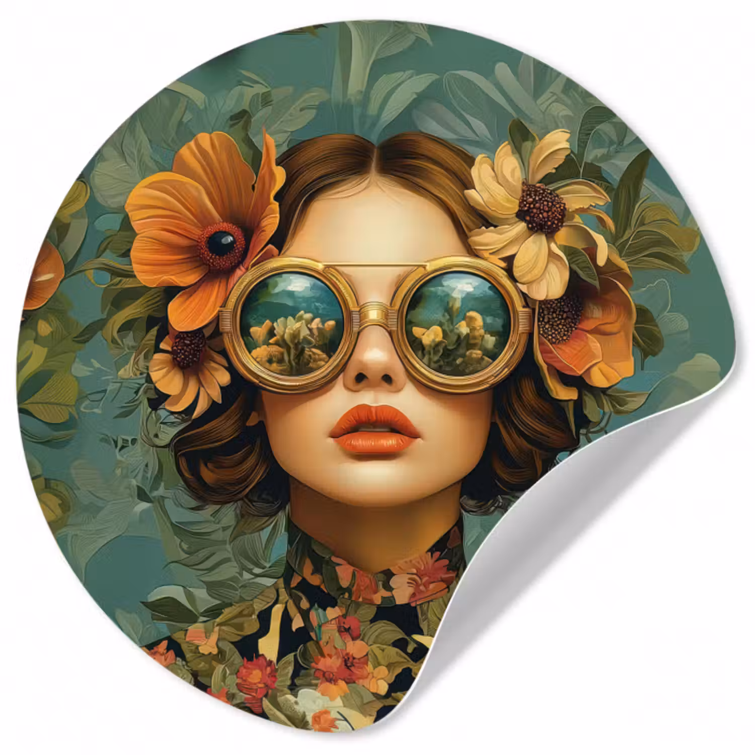 Runde Tapete - Frau - Blumen - Schmetterlinge - Natur - Vintage