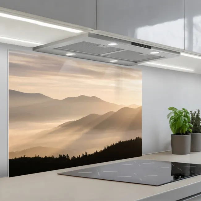 Paraschizzi cucina - Montagne - Nebbia - Raggi di sole