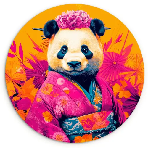 Kimono - Roze - Panda - Bloemenkroon Wandcirkel kunststof plaat 5mm dik klein -3d