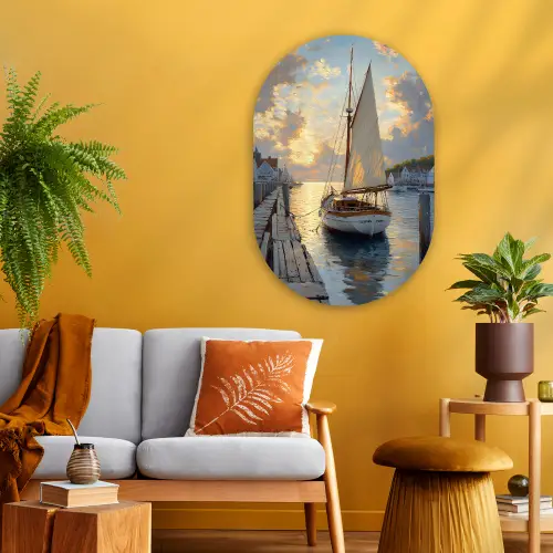 Zeilboot - Zon - Pier - Hout Wandcirkel Ovaal Glas middel -sfeer4