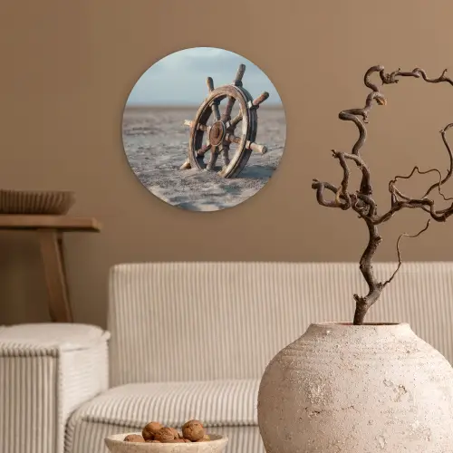 Scheepsstuur - Hout - Bruin - Zand Wandcirkel kunststof plaat 5mm dik klein -sfeer1