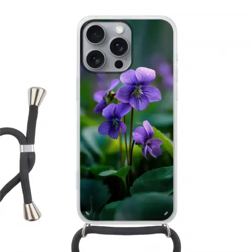 Viooltjes - Paars - Bloem - Bladeren Hoesje iPhone 16 Pro Max met koord klein -3d