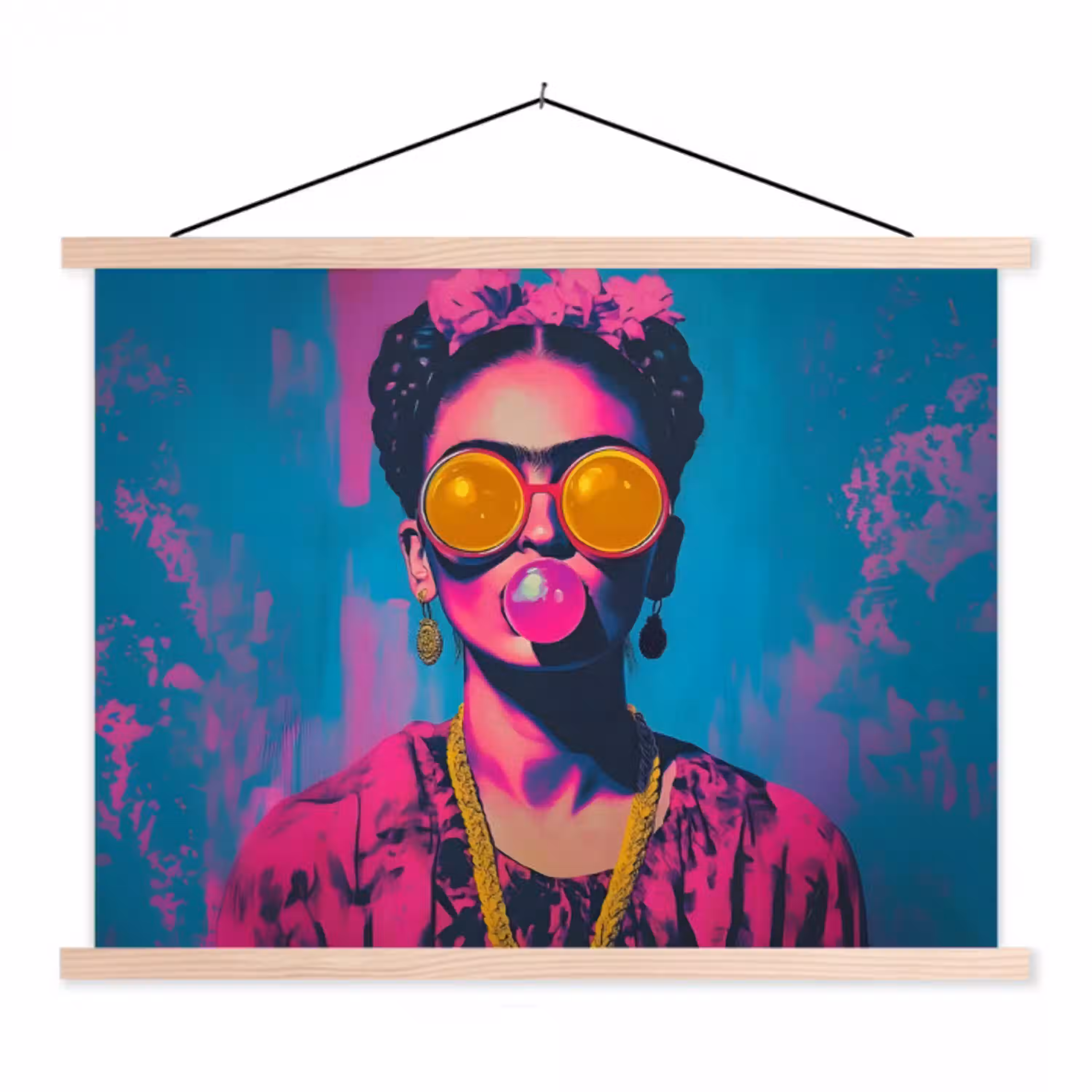 Vrouw - Kauwgom - Zonnebril - Oranje textielposter latten blank klein -3d